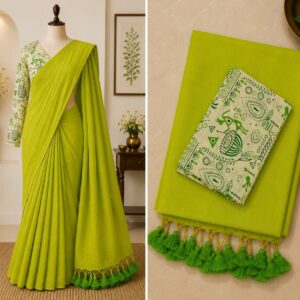Khadi Cotton Saree with Kalamkari Blouse | Lime Green | Hb store
