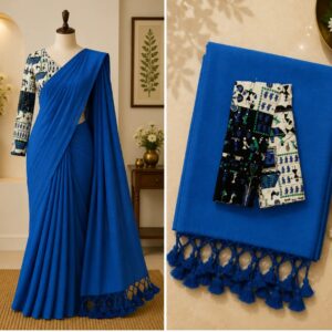 Khadi Cotton Saree with Kalamkari Blouse | Royal Blue | Hb store