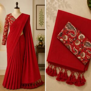Khadi Cotton Saree with Kalamkari Blouse | Mehandi Green |Khadi Cotton Saree with Kalamkari Blouse | Cherry Red |Hb store