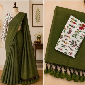 Khadi Cotton Saree with Kalamkari Blouse | Mehandi Green | Hb store