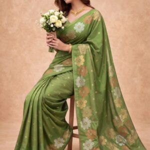 Semi Silk Saree | Pistachio Green | Elegant Floral Weaving