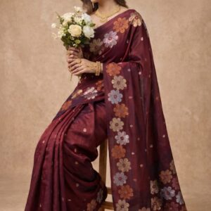 Semi Silk Saree | Maroon Blossom | Elegant Floral Weaving |