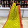Premium Semi Kanchi Soft Silk Saree – Lime Green with Coral Red Contrast Border | Festive Silk Saree |