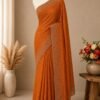 Premium Space Silk Saree – Copper Rust Orange with Elegant Silver Stone | Festive Silk Saree |