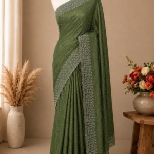 Premium Space Silk Saree – Pastel Green with Elegant Silver stone | Festive Elegance Saree