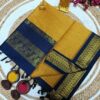Kalyani Cotton Saree in Mustard Yellow with Navy Blue Contrast Zari Border and Classic Check Design for Festive Wear