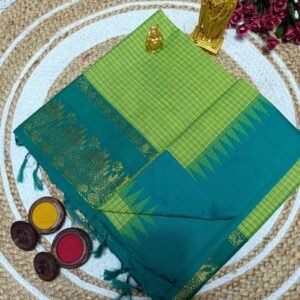 Kalyani Cotton Saree in Leaf Green with Teal Contrast Border and Minimal Zari Weaving for Elegant Traditional Styling