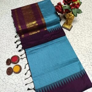 Kalyani Cotton Saree in Teal Blue with Wine Purple Contrast Border and Unique Temple Pattern Pallu for Elegant Look