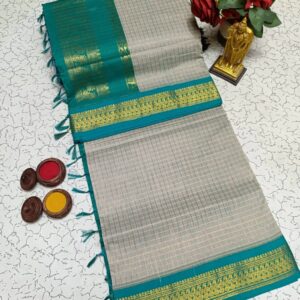 Kalyani Cotton Saree in Silver Grey with Teal Green Contrast Zari Border and Rich Traditional Pallu for Daily & Festive Wear