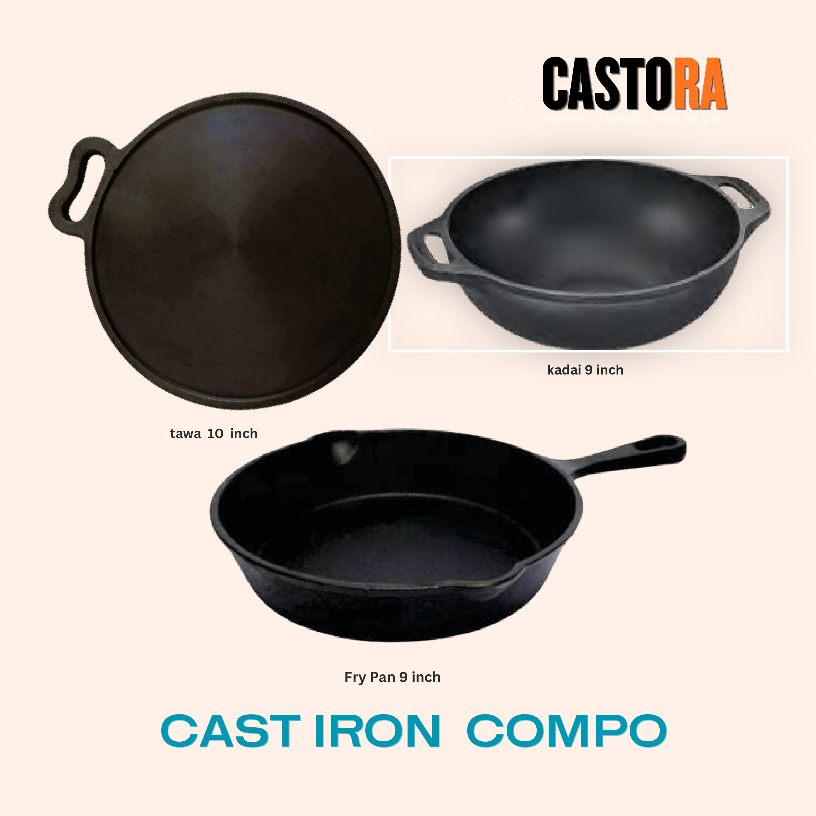 CASTORA Cast Iron Cookware Set -Tawa 10 inch + Kadai 8 inch   +Fry Pan  9inch  | Pre‑seasoned | 100% Pure Cast Iron | Toxin‑Free