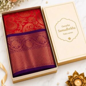 Samudhrikha Pattu Saree Premium – Vermilion Red with Royal Purple Contrast Border | Traditional Wedding Silk Saree | HB store